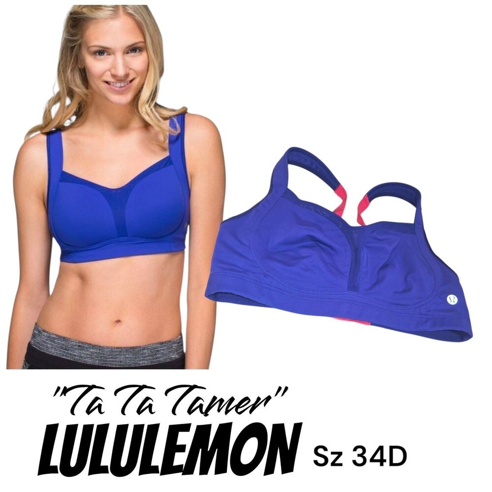 Lululemon Sz 34D Ta Ta Tamer Pigment Blue Adjustable Back Closure Logo Gym Bra